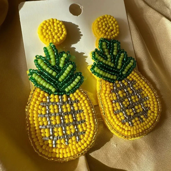 Pineapple Yellow Beaded Earrings - Picture 3 of 7